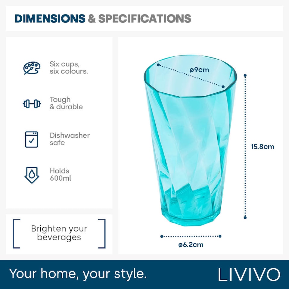 image 1 of Reusable Plastic Cups Set of 6 Unbreakable Tumblers 600ml