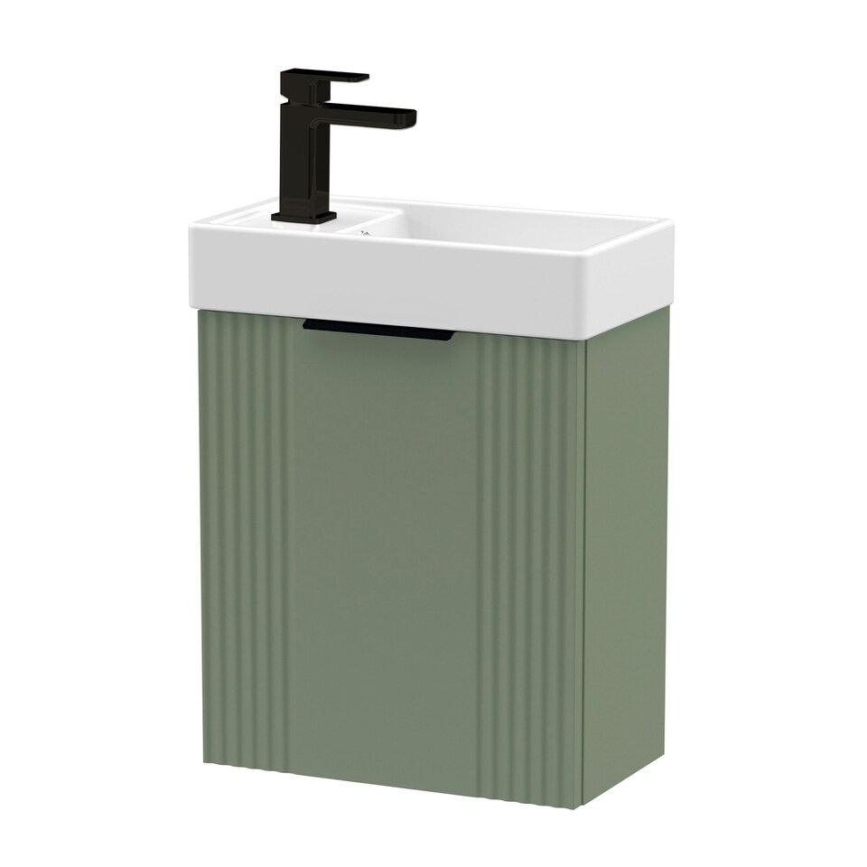 image 1 of Balterley Wall Hung Cloakroom Vanity Basin Unit with Handle Compact Bathroom Storage | Green | Satin Green | 438 x 400 x 222mm | 1