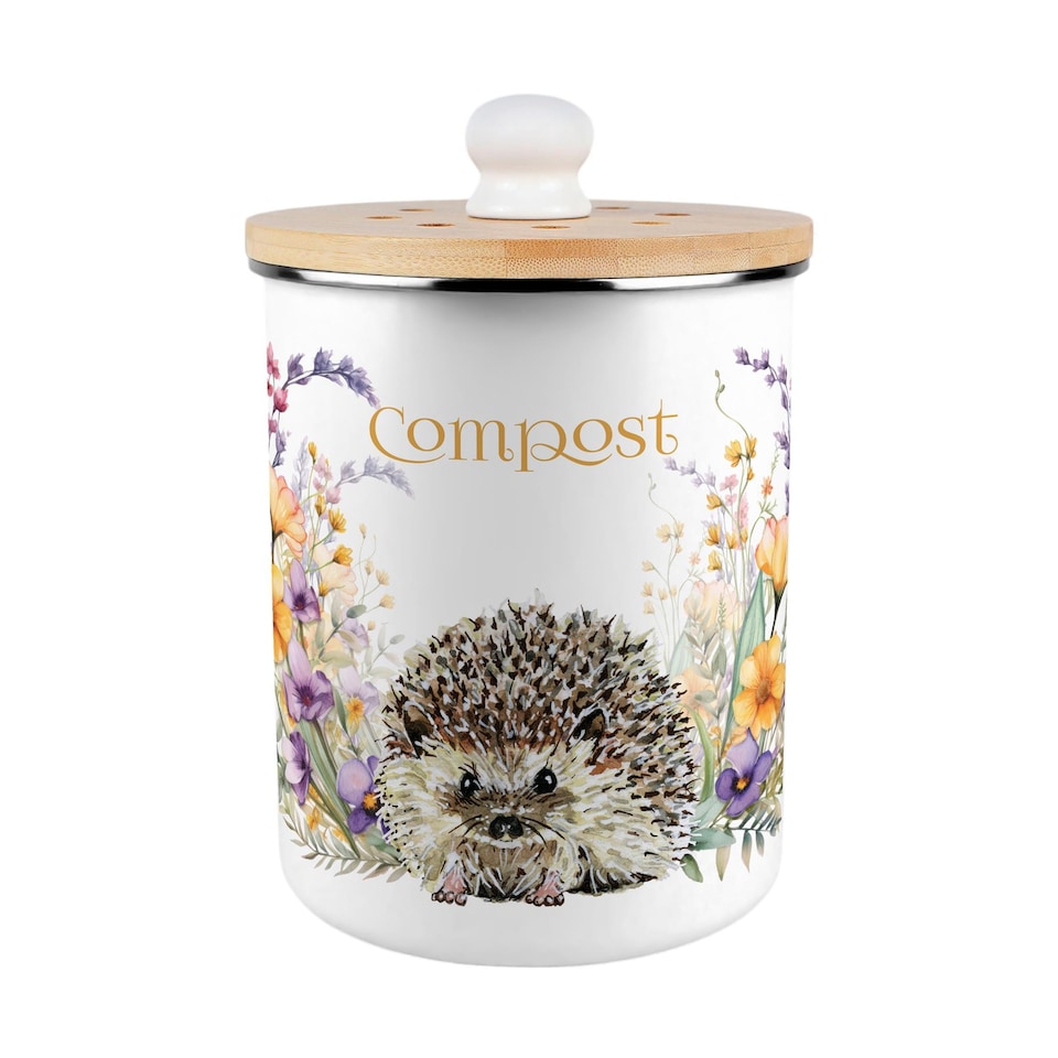 image 1 of Floral Hedgehog Compost Caddy - Metal 2L Decorative Kitchen Food Waste Bin