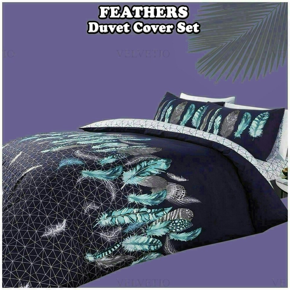 image 1 of VELVETIO Feathers Geometric Printed Duvet Cover Set Reversible Polycotton Beddings Grey | King