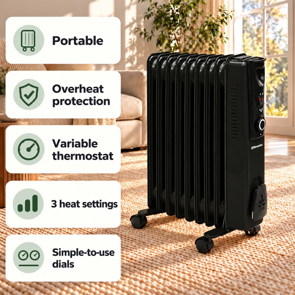 image 1 of EMtronics 9 Fin Oil Filled Heater Radiator - Black