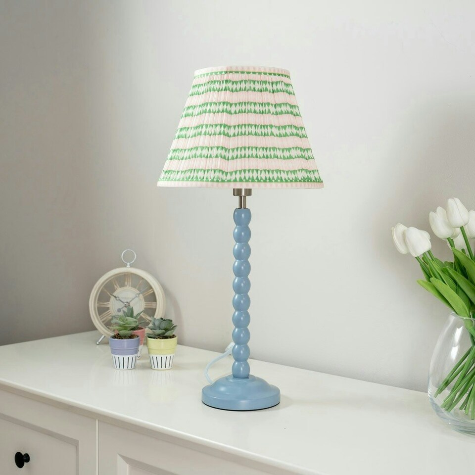 image 1 of ValueLights Bobbles Powder Blue Bobbin Table Lamp with Pink Aztec Pleated Shade