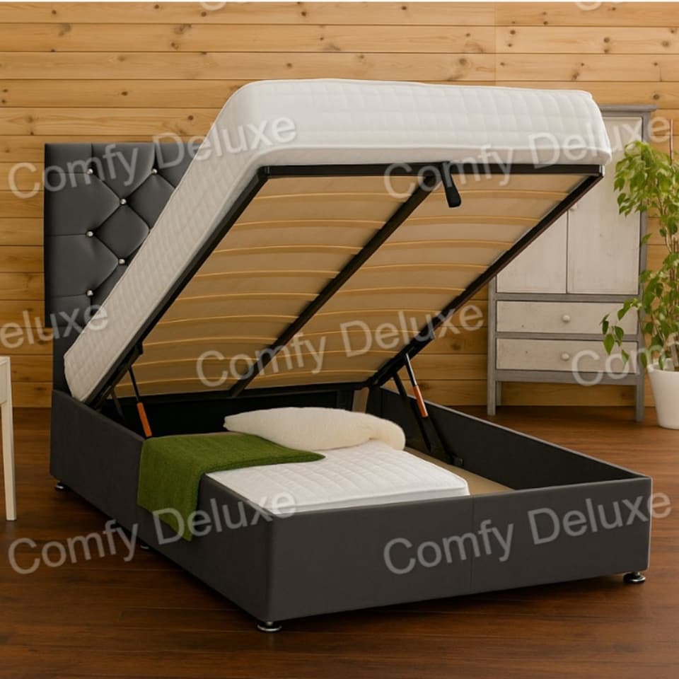 image 1 of Chesterfield Black Plush Ottoman Foot Lift Small Double 4FT Bed Set