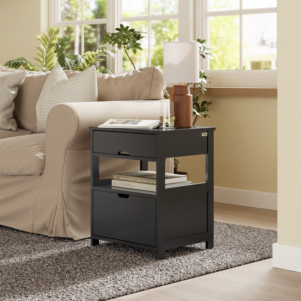 image 1 of SoBuy Bedside Table with 2 Drawers & Shelf, Black, 17.3x14.9x22.0 inches, 11.45 kg - FRG258-SCH