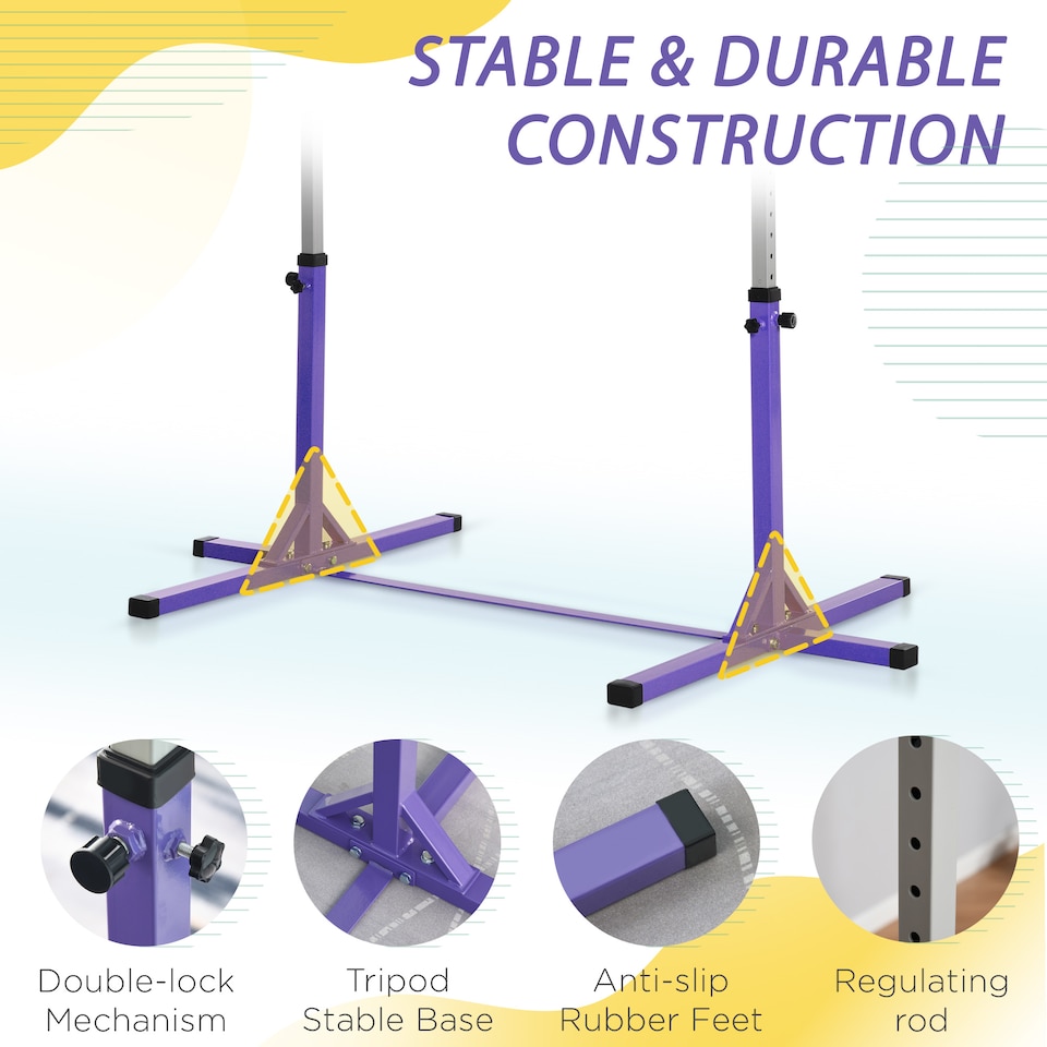 image 1 of HOMCOM Gymnastics Bar, Height Adjustable Gymnastics Horizontal Bar for Kids, Home Gym Training Children Junior Kip High Bar Fitness | Purple | Purple