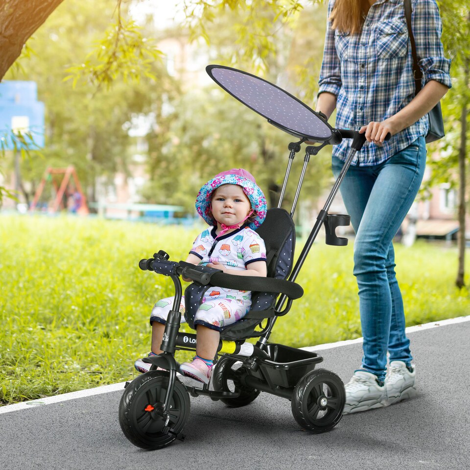 image 1 of HOMCOM 6 in 1 Kids Tricycle w/ Removable Handle for 1.5+ year, Dark Blue