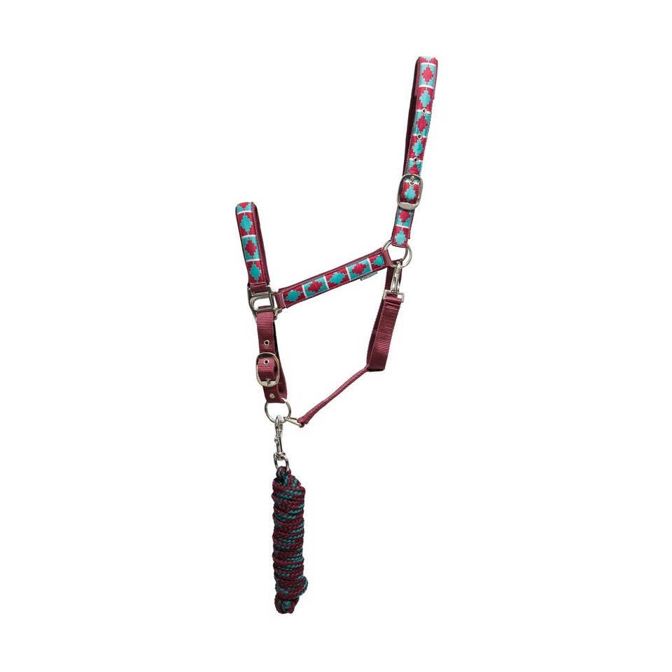 image 1 of Hy Woven Horse Headcollar and Leadrope - Aqua/Fig - Pony