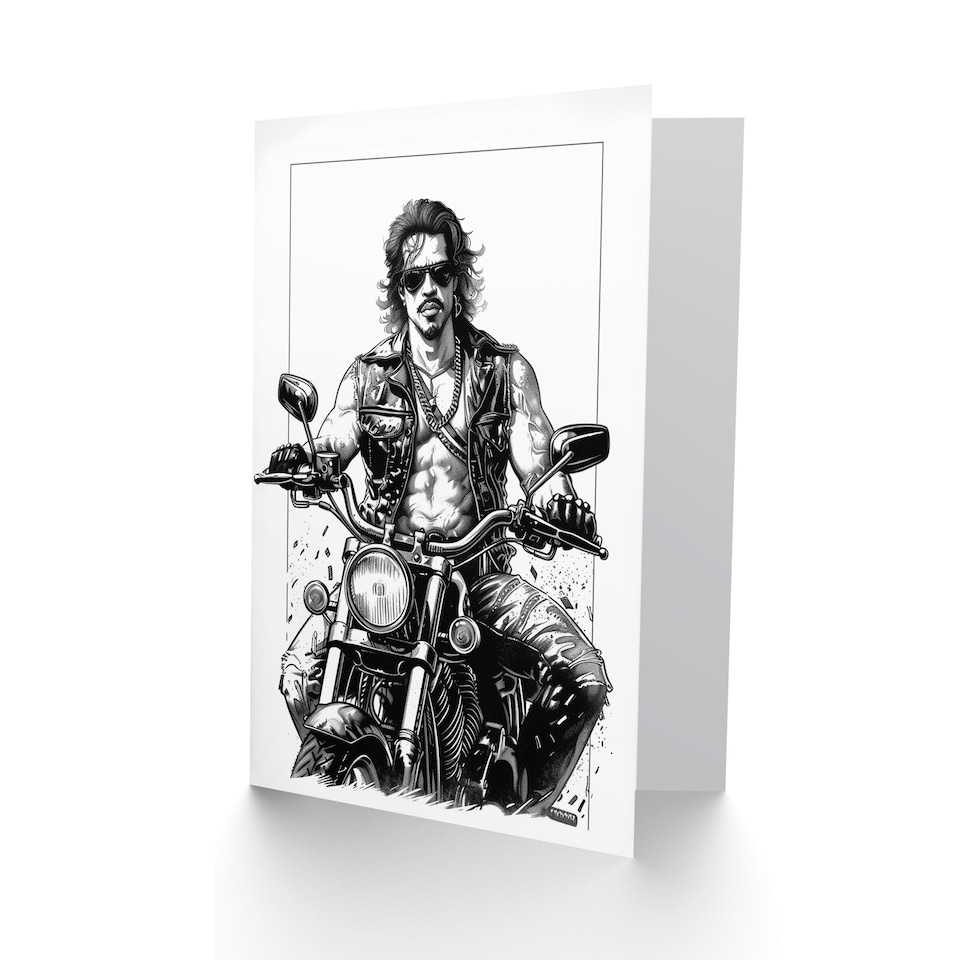 image 1 of Birthday Card Biker Drawing Muscle Sexy Motorbike Leather For Him Her