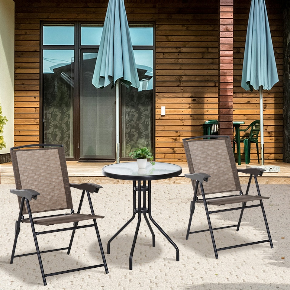 image 1 of Outsunny Patio Bistro Set Folding Chairs Garden Coffee Table for Balcony Brown