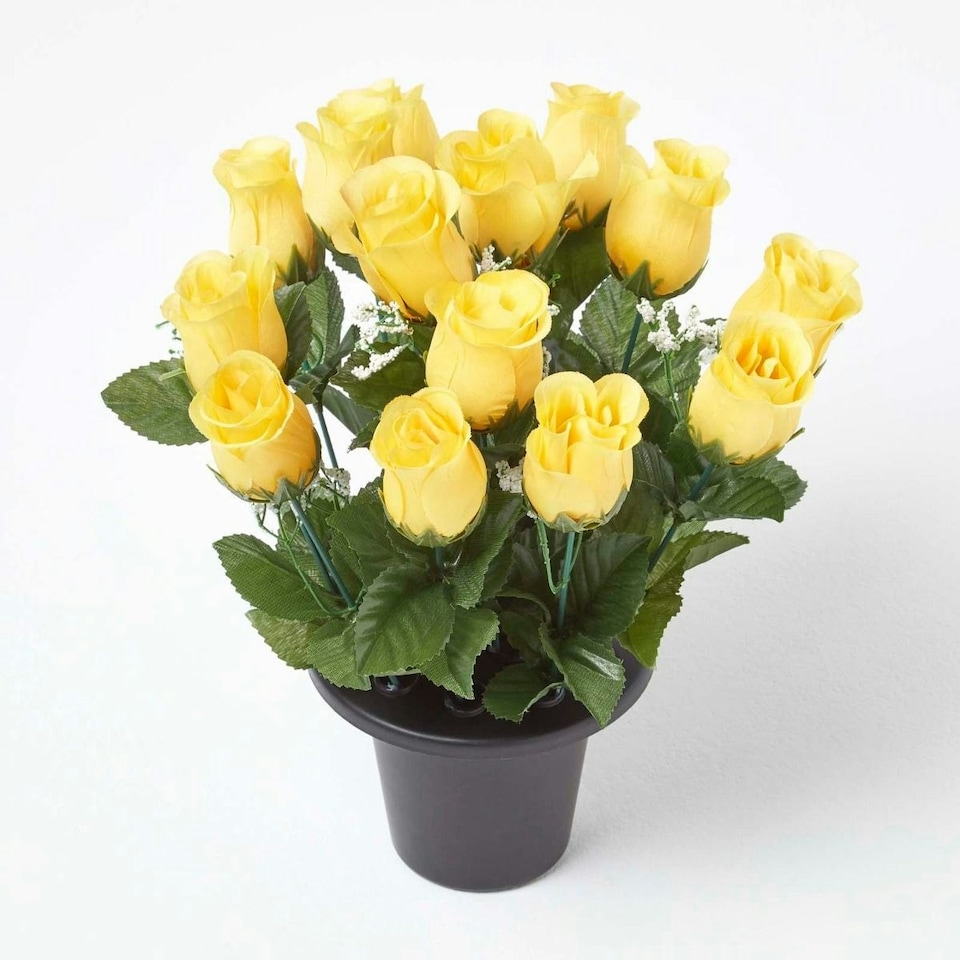 image 1 of Homescapes Set of 3 Artificial Rosebuds with Gypsohila in Grave Vase