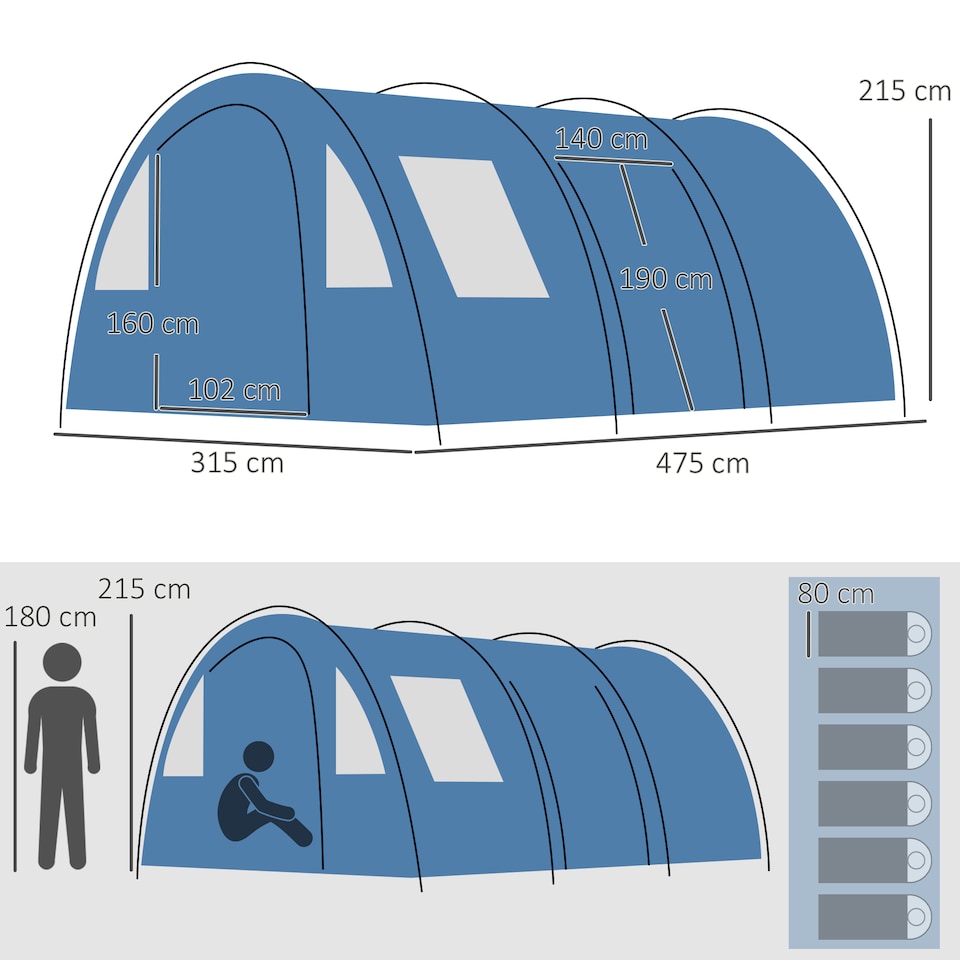 image 1 of Outsunny 5-6 Man Family Tent Camping Tent with 2 Room and Carry Bag, Blue