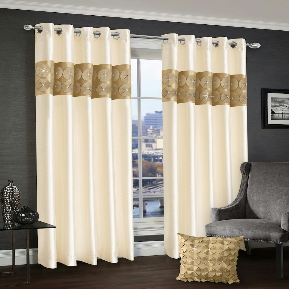 image 1 of Intimates Vogue 3D Floral Diamante Ready Made Eyelet Curtains - 168cm x 183cm Cream | Latte