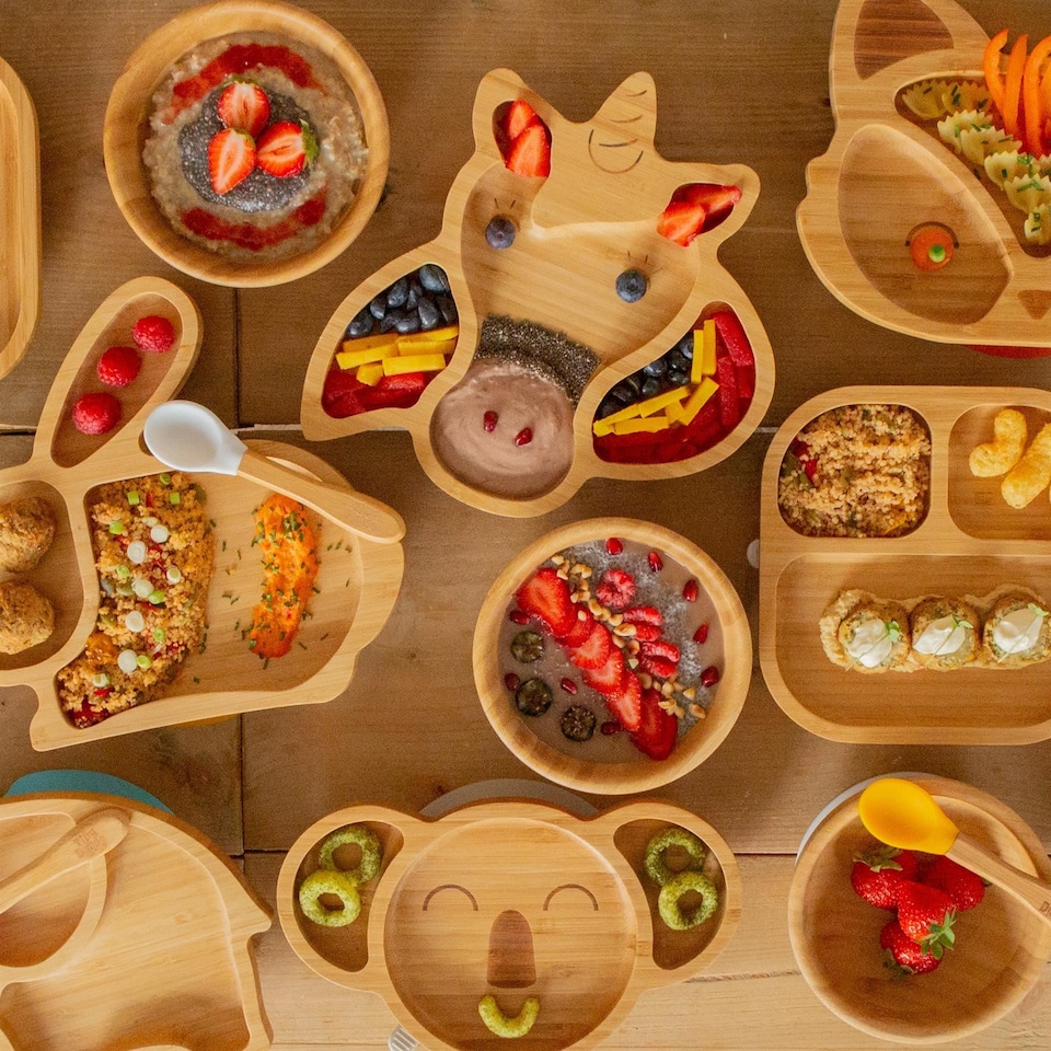 image 1 of Tiny Dining Bamboo Weaning Plate & Fork Set - Dinosaur/White - Divided Non-Slip Bamboo Baby Self-Feeding Weaning Plate & Cutlery