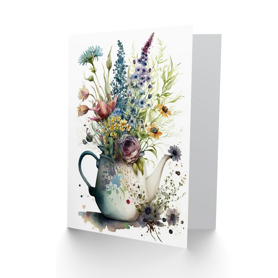 image 1 of Spring Wildflower Floral Bouquet Teapot Vase Birthday Card