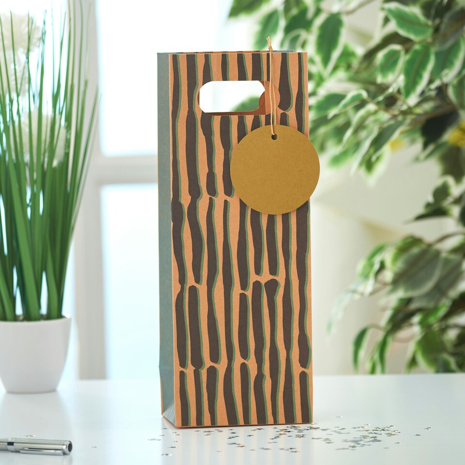 image 1 of Multipack of 3 Bottle Gift Bags | Party Bags for Presents | Birthdays/Thank You | For Him/Her/Friend | Eco Block Print Design Brown
