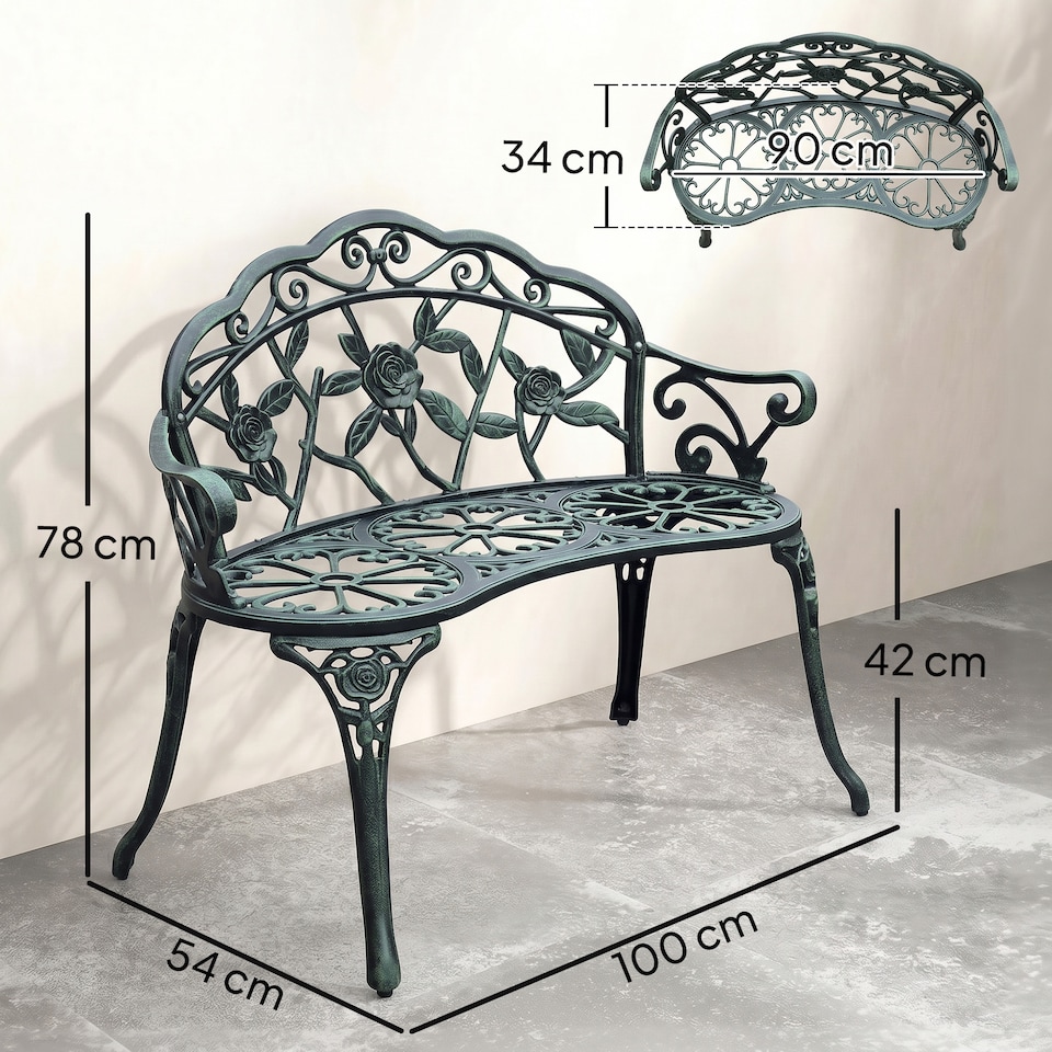 image 1 of Outsunny Garden Bench Porch Park Seat Vintage Rose Style Cast Aluminium | Green | Green
