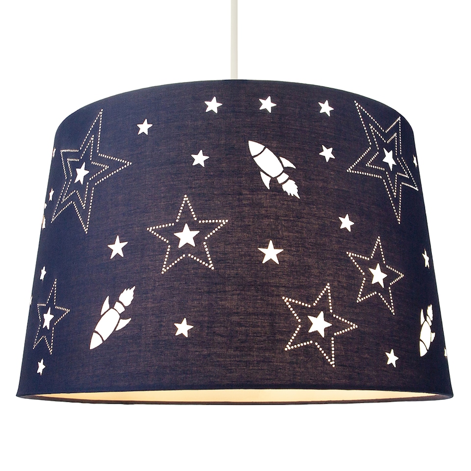 image 1 of Fun Rockets and Stars Childrens-Kids Blue Cotton Bedroom Pendant or Lamp Shade | Blue