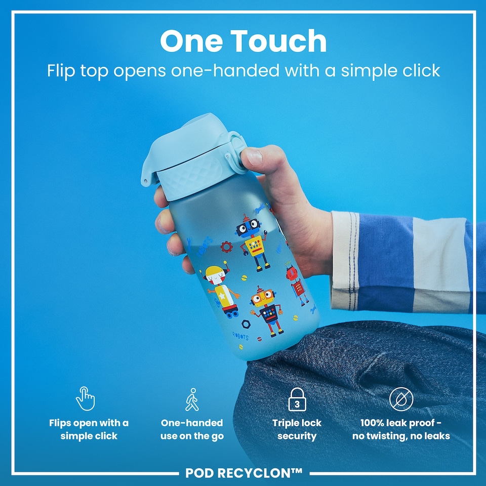 image 1 of Leak Proof Kids Water Bottle, BPA Free, 350ml (12oz) | Blue | Robots | One Size
