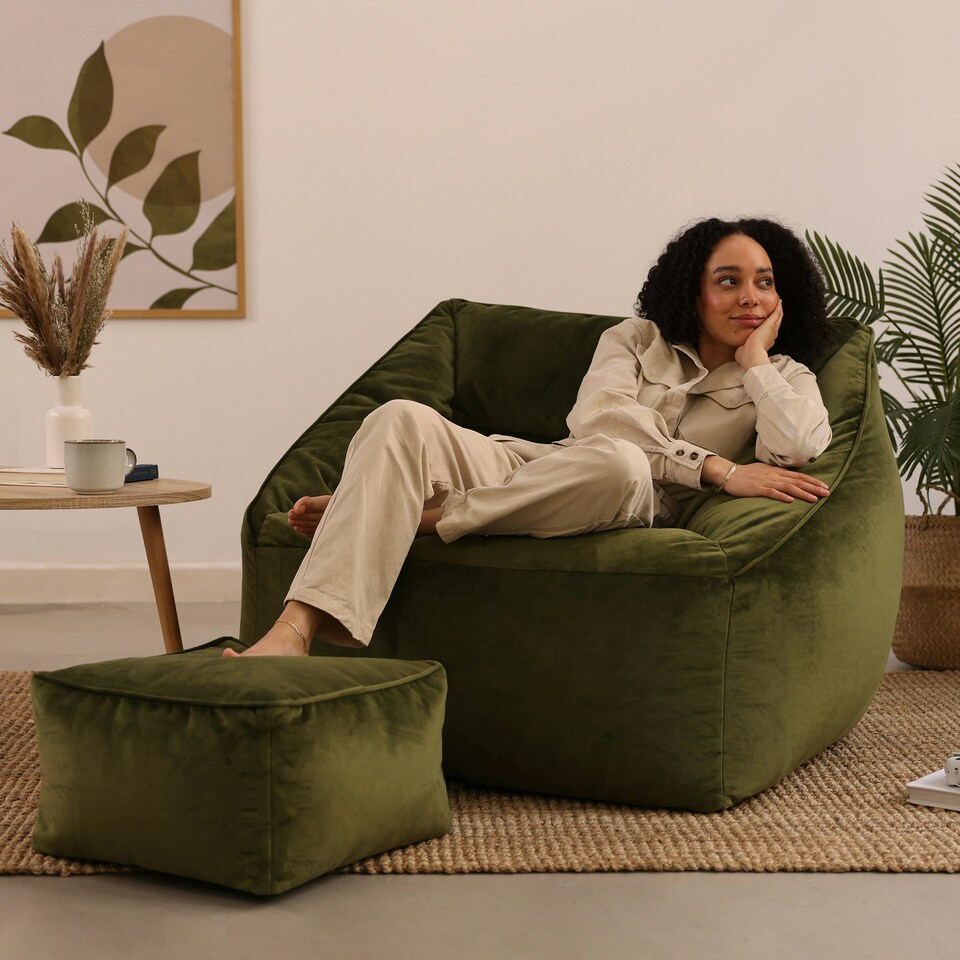 image 1 of icon Natalia Velvet Adults Bean Bag Armchair and Pouffe, Ready Filled Large Beanbag and Footstool Olive Green Green | Green