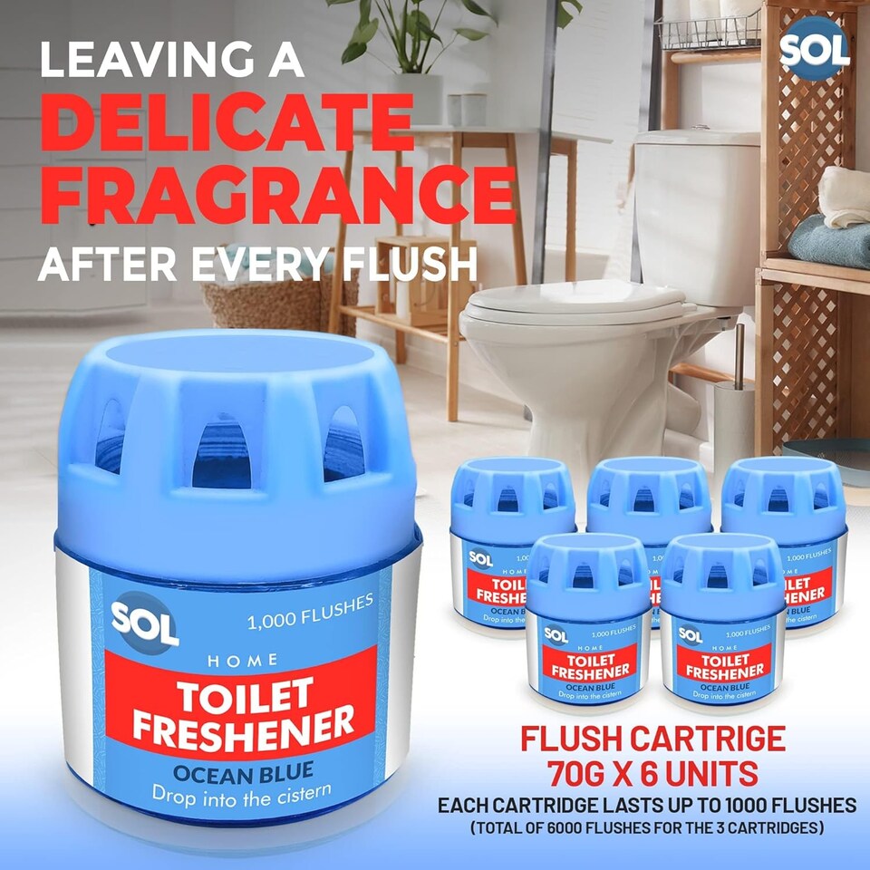 image 1 of 6pk x 70g Toilet Fresheners – Ocean Scented Blue Cistern Blocks, Lasts 1000 Flushes, Prevents Limescale & Cleans for Fresh Bathroom Air