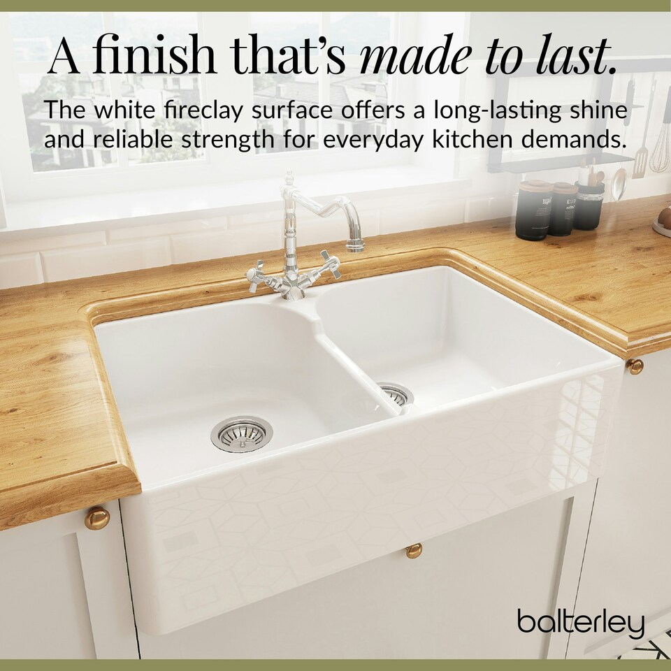 image 1 of 795mm - Double Bowl Fireclay Butler Kitchen Sink - Stepped Weir, Classic Tap  & Waste