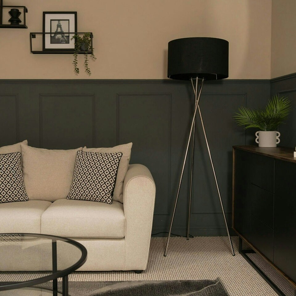 image 1 of ValueLights Camden Chrome Tripod Floor Lamp Black Shade & Bulb | Black