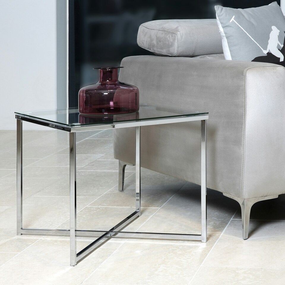 image 1 of Cross Square Metal Side Table with Glass Top