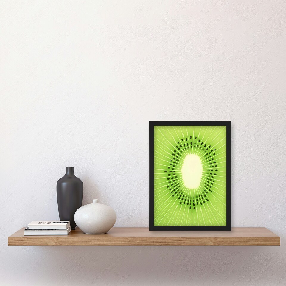 image 1 of Kiwi Fruit Slice Minimalist Kitchen Interior Black Framed Wall Art Print A4