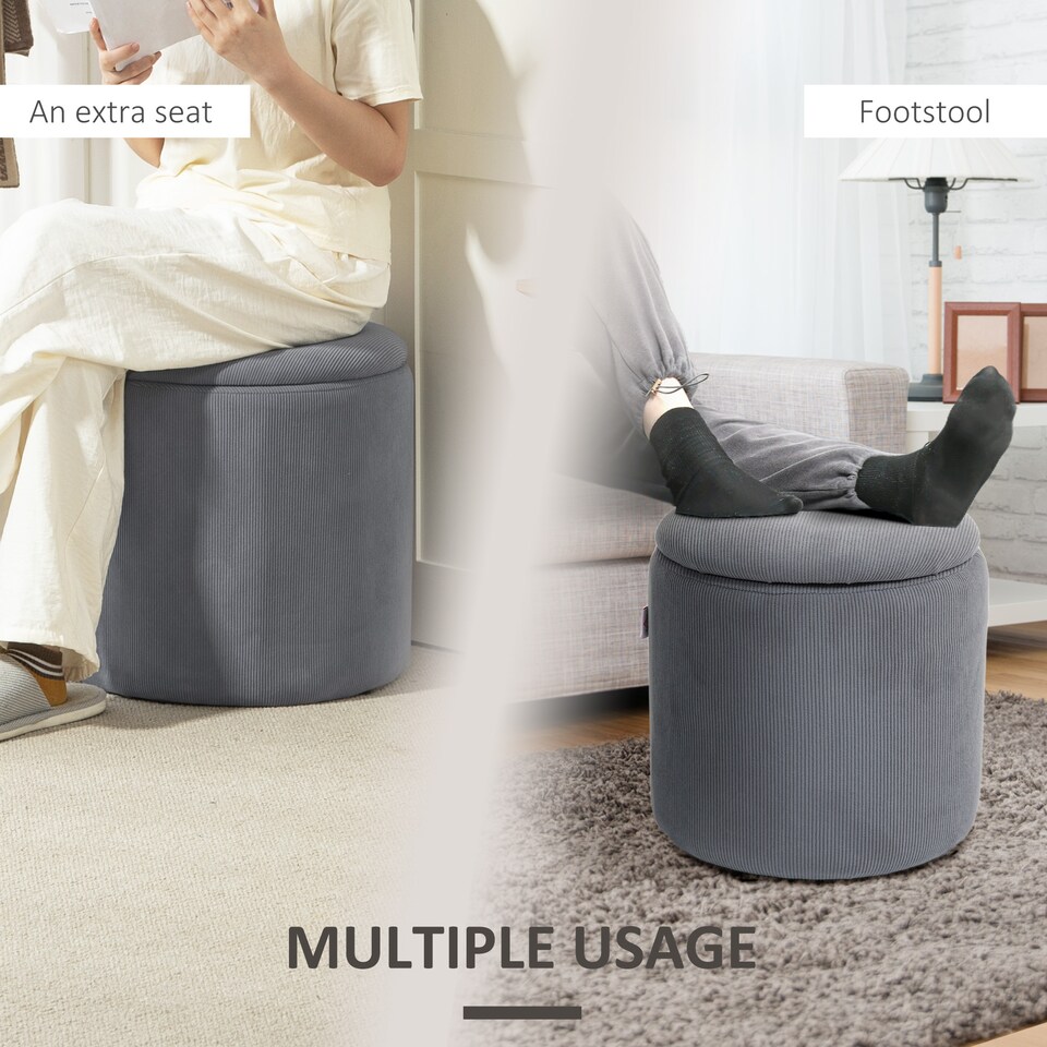 image 1 of HOMCOM Set of 2 Round Ottoman with Storage, Fabric Vanity Stool for Makeup, Footrest Stool with Removable Lid for Living Room & Bedroom, Light Grey | Grey