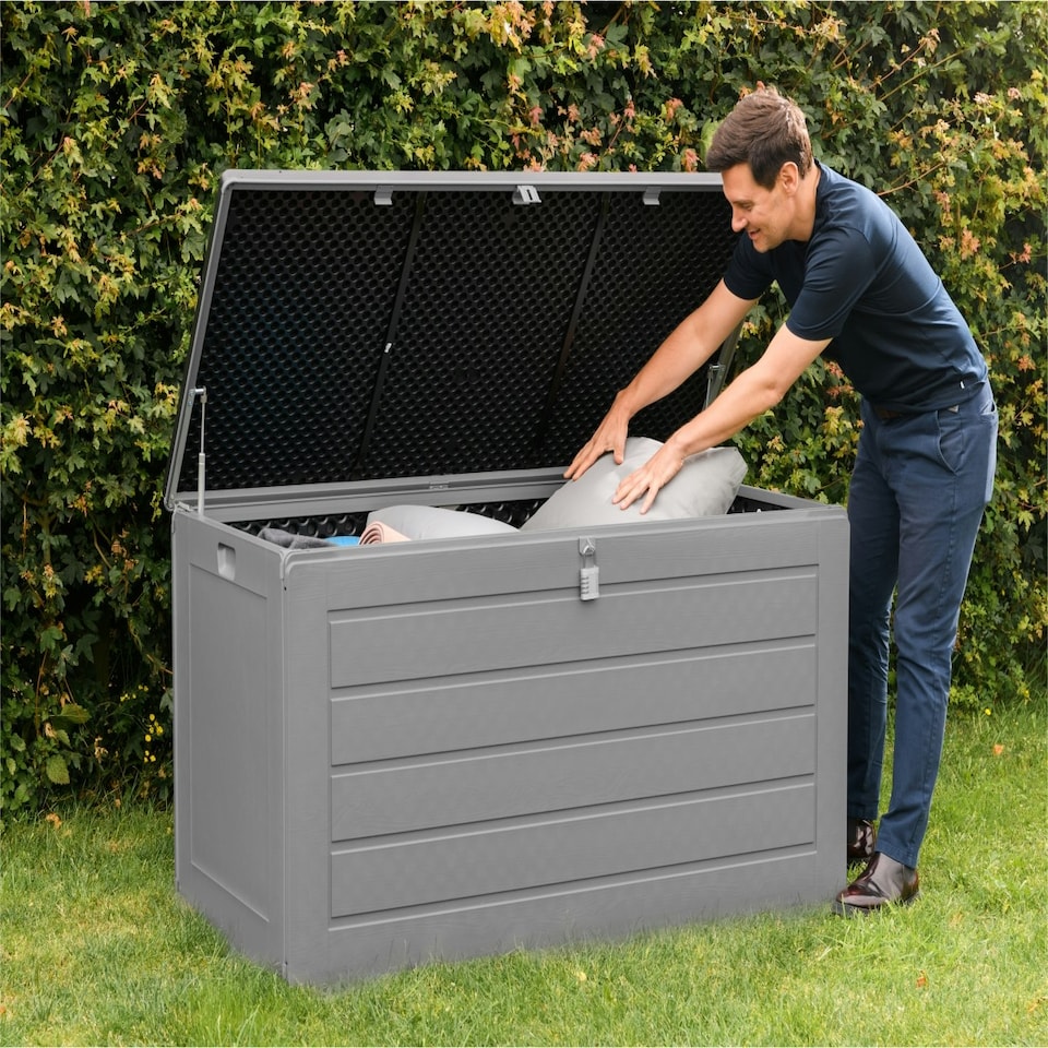image 1 of Olsen & Smith 830L Extra Large Garden Storage Box - Weather Resistant Heavy Duty Wood Effect with Padlock Massive Capacity Storage Chest for Tools Toys & More Grey | Grey