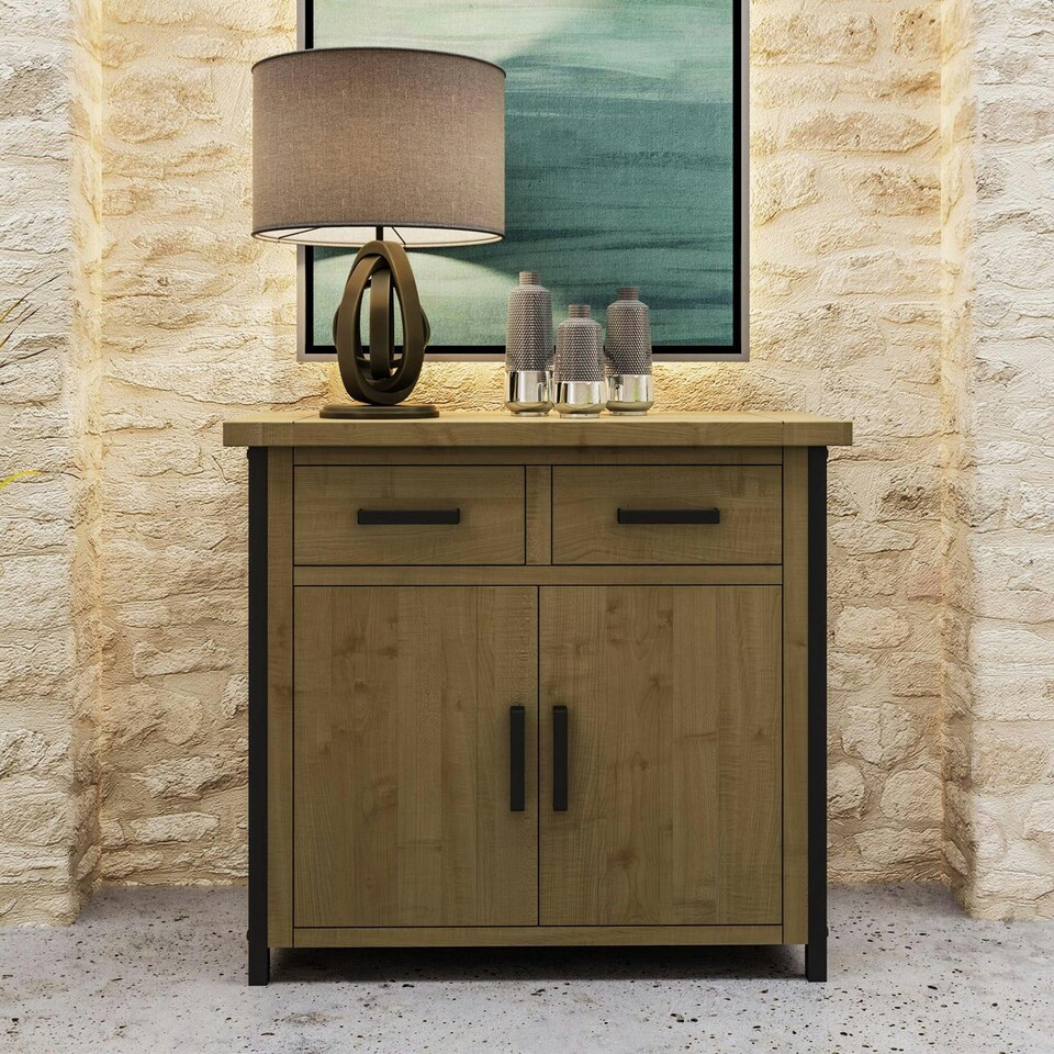 image 1 of Lowry 2 Door 2 Drawer Compact Sideboard Driftwood Lacquered Solid Reclaimed Pine Brown