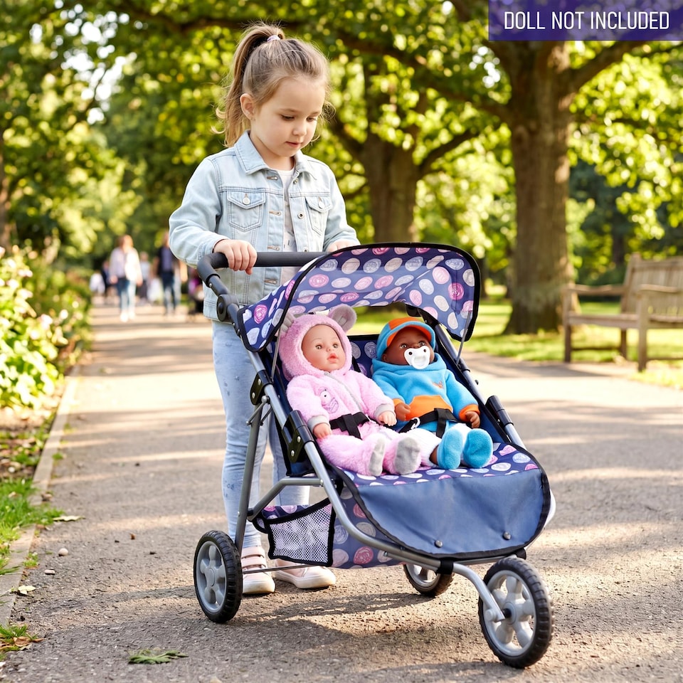 image 1 of BiBi Doll 3 Wheeler Twin Dolls Blue Pushchair Toy with Canopy & Basket For Up To 20" Dolls