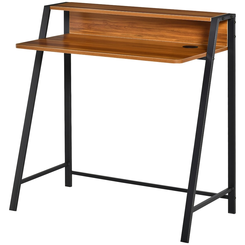 image 1 of HOMCOM 2-Tier Storage Computer Workstation with Shelf, Metal Frame Walnut