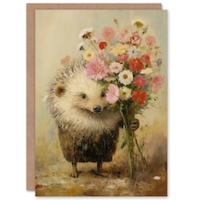 Cute Spring Flower Bouquet Oil Woman Hedgehog Her Birthday Card