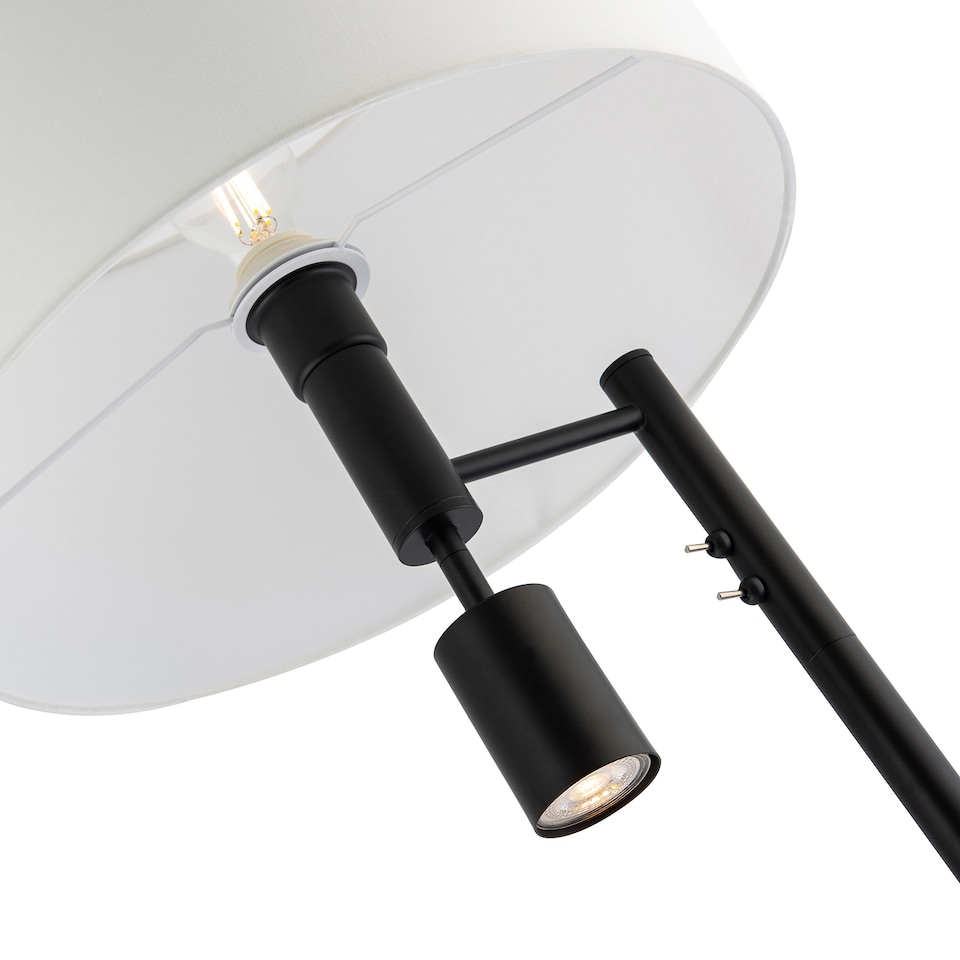 image 1 of Modern Black Floor Light with LED Adjustable Spot Lamp and White Cotton Shade | Black
