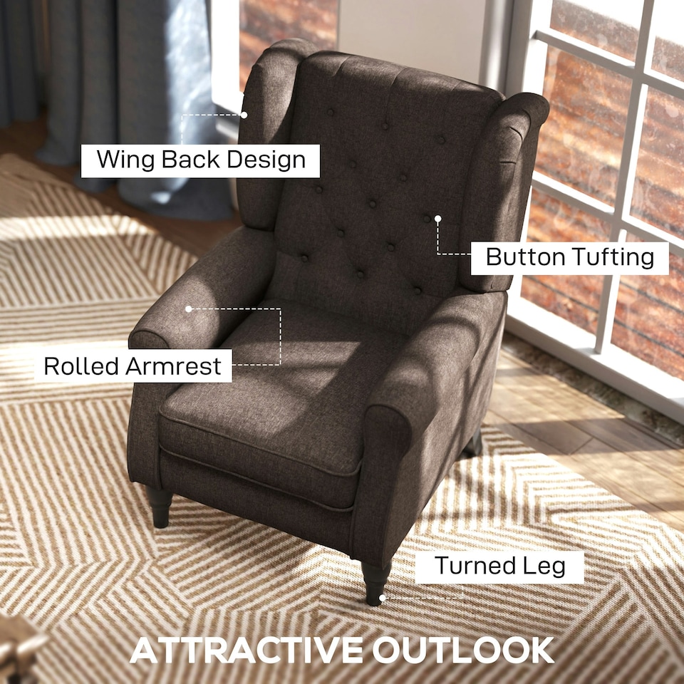 image 1 of HOMCOM Accent Chair Wingback Armchair Retro Tufted Club Wood Fabric, Brown