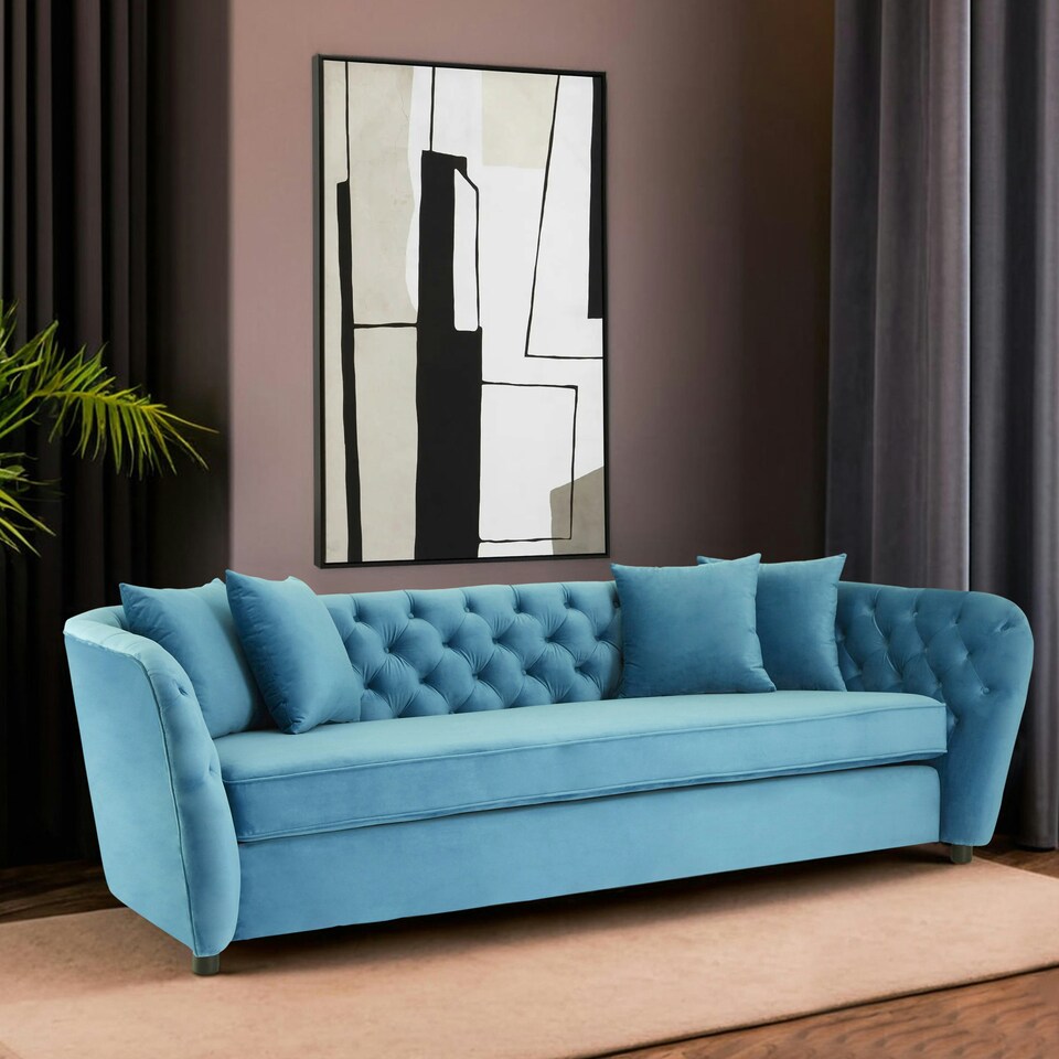 image 1 of Functional 3 Seater Cyan Velvet Sofa, Stylish Mid Century Sofa For Bedroom, Comfortable 3 Seater Sofa Blue