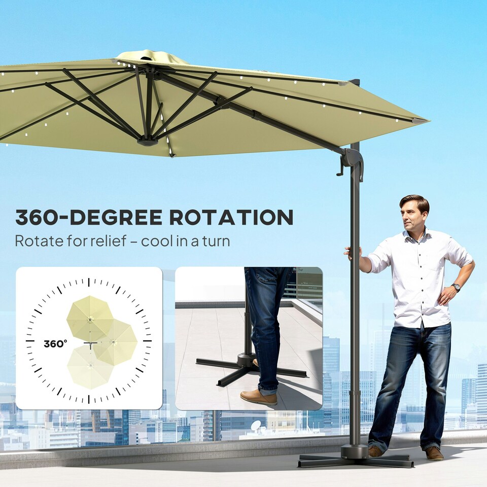 image 1 of Outsunny 3(m) Cantilever Parasol Patio Sun Umbrella w/ Base Solar Lights Beige