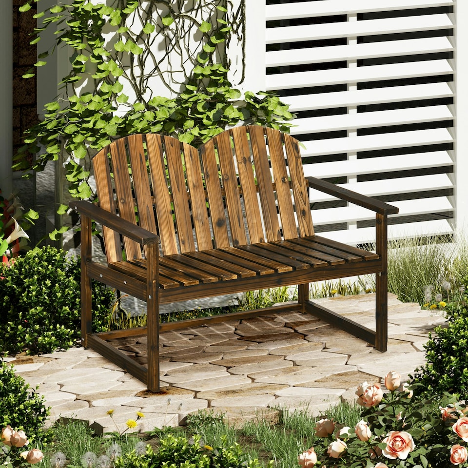 image 1 of Outsunny Outdoor Wooden Garden Bench, Patio Loveseat Chair with Slatted Backrest and Smooth Armrests for Two People, for Yard, Lawn, Porch, Carbonised Finish