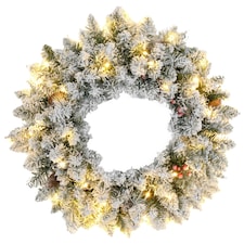 HOMCOM 60cm Flocked Christmas Wreath with Lights Pine Cones Berries Green