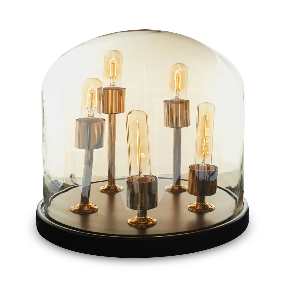image 1 of Interiors by Premier Amber Glass Dome Table Lamp, Antique Wood Base With Brass Holders, Elegant Cylindrical Bulb Design Gold