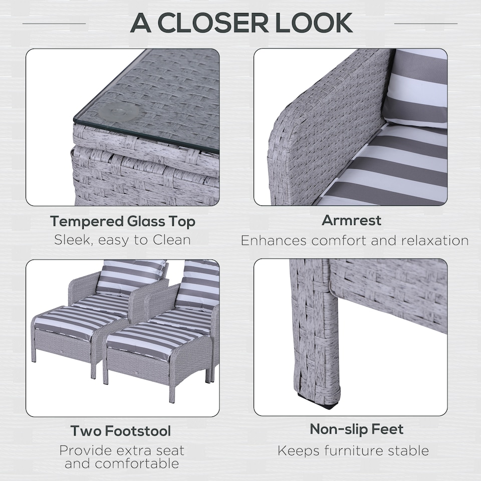 image 1 of Outsunny 5 Pieces PE Rattan Garden Furniture Set with 10cm Thick Padded Cushions, Wicker Weave Outdoor Seating Chairs with 2 Armchairs, 2 Stools, Glass Top Table, Grey and White