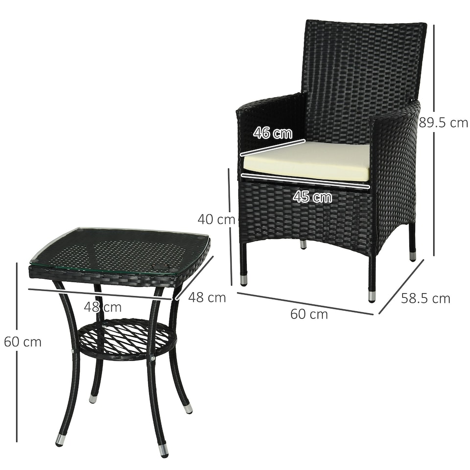 image 1 of Outsunny Rattan Bistro Set Garden Chair Table Patio Outdoor, Black