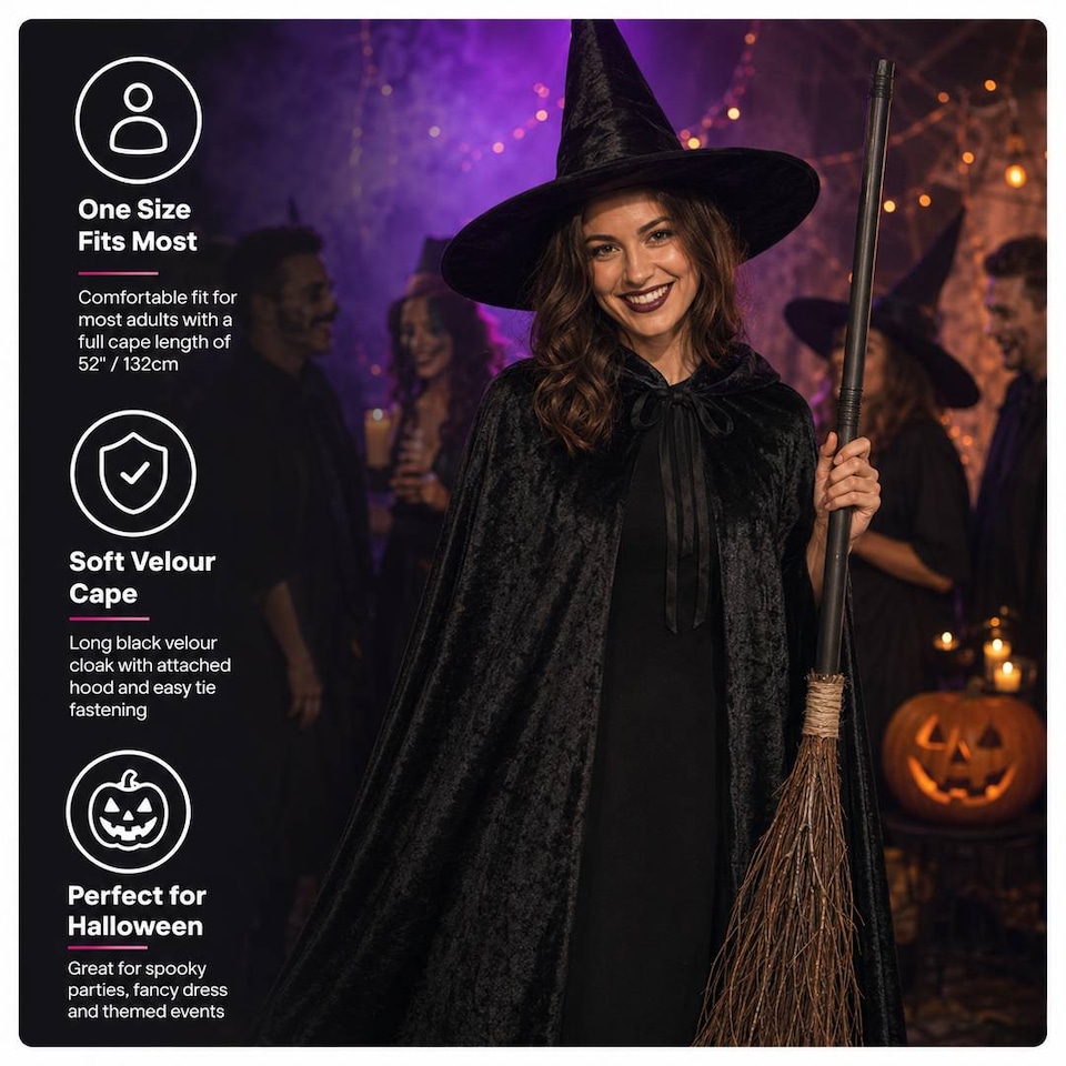 image 1 of Adult Witch Costume Set - Halloween Cape, Pointed Hat & Broomstick