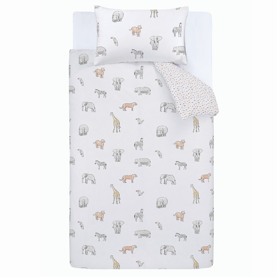 image 1 of Bianca Zoo Animals Cotton Reversible Duvet Cover Set | White | Double