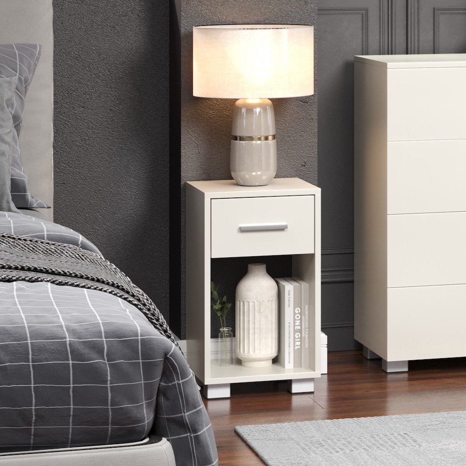 image 1 of Lido 1 Drawer Bedside Table - Gloss White Finish with Silver Handles and Feet | White | White | One Size | 1