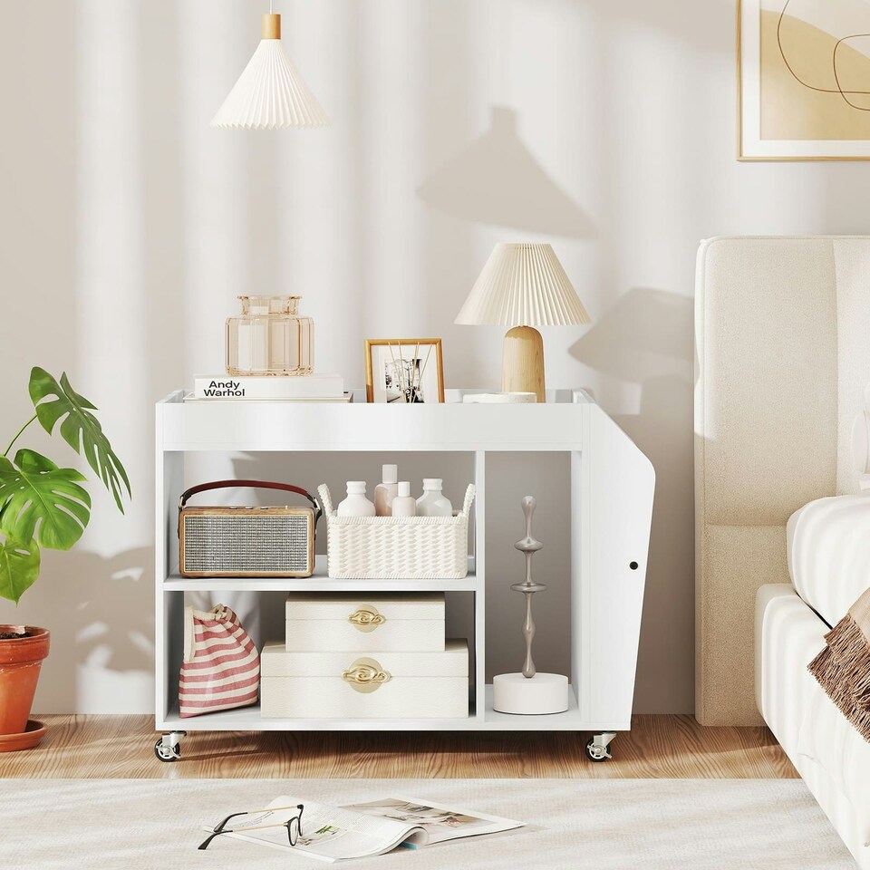 image 1 of COSTWAY Side End Table 3-Tier Bookshelf Rolling Nightstand White