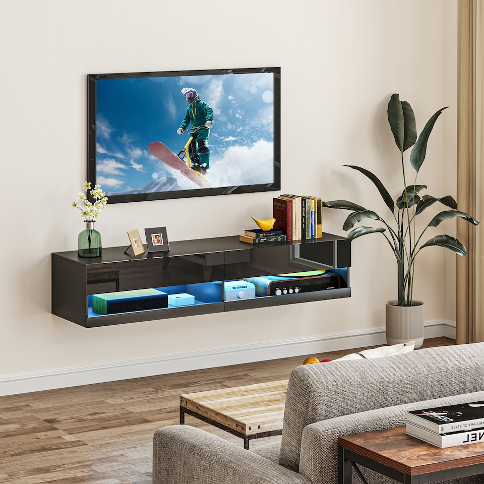 image 1 of HOMCOM Floating TV Unit, Wall Mounted TV Cabinet for TVs up to 65 , High Gloss Media Wall Unit with LED Lights, Storage Shelves for Living Entertainment Room, Black