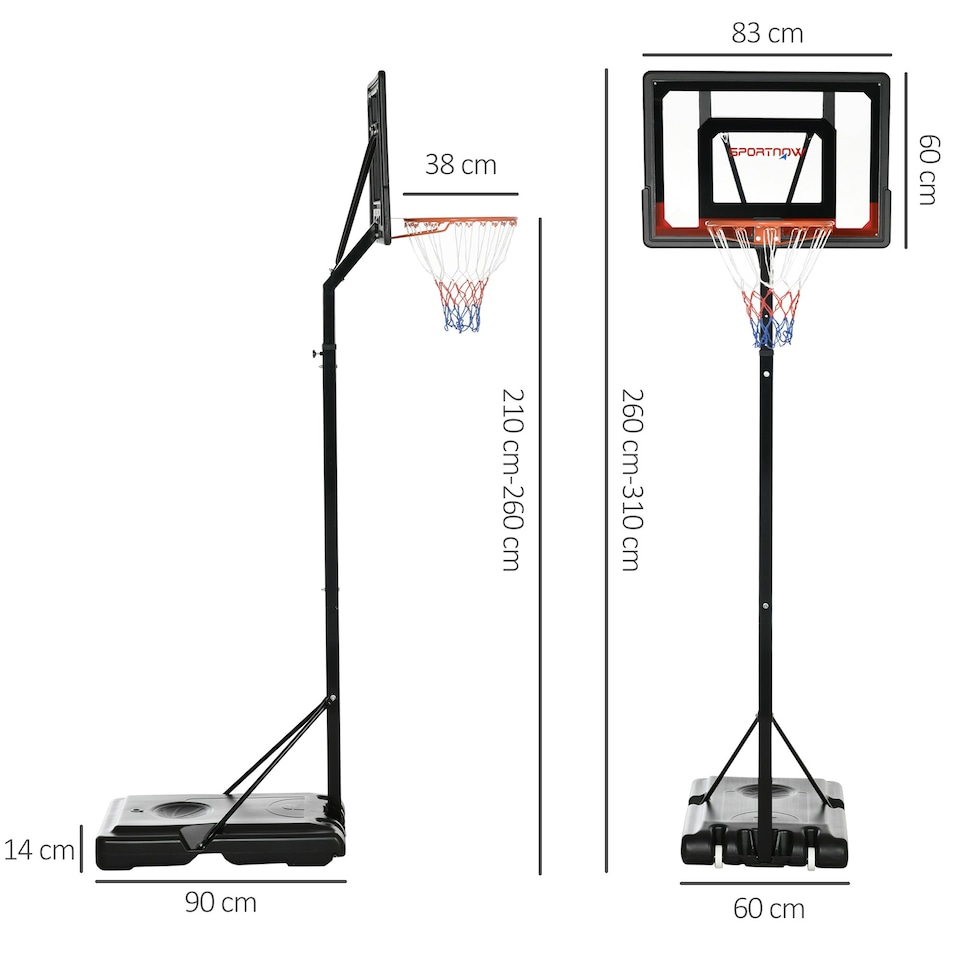image 1 of SPORTNOW 2.6-3.1m Basketball Hoop and Stand w/ Weighted Base, Wheels, Black