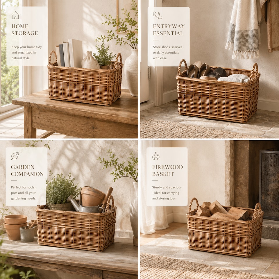 image 1 of Rectangle Rustic Countryside Style Chunky Wicker Fireside Heavy Duty Log Baskets